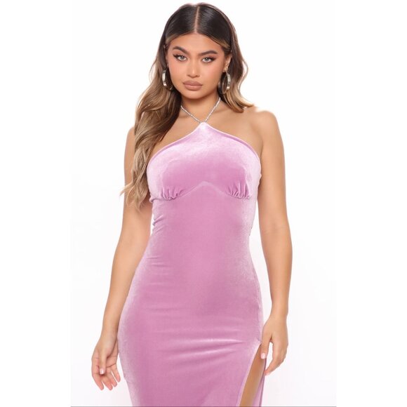 Fashion Nova ✦ Dressed Best Velvet Maxi Dress ✦ Lavender Strapless High Slit L - Picture 3 of 8